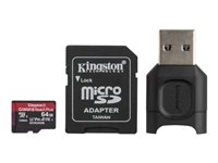Kingston Canvas React Plus - Flash-minneskort (microSDXC till SD-adapter inkluderad) - 64 GB - A1 / Video Class V90 / UHS-II U3 / Class10 - mikroSDXC UHS-II MLPMR2/64GB